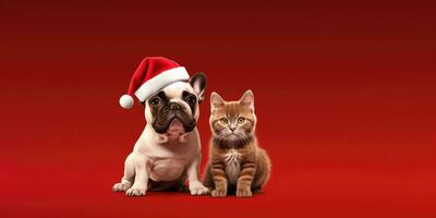 Cute dog and cat with a Santa's Hat on a Red Background with Space for Copyspace ,Generative AI. photo