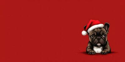 Cute dog with a Santa's Hat on a Red Background with Space for Copyspace ,Generative AI. photo