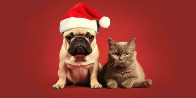 linda perro y gato con un de santa sombrero en un rojo antecedentes con espacio para copyspace ,generativo ai. foto