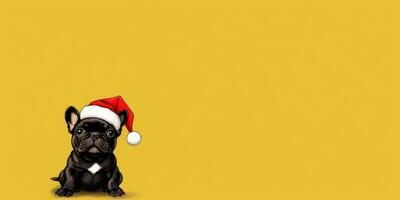 Cute French Bulldog with a Santa's Hat on a yellow Background with Space for Copyspace,Generative AI. photo