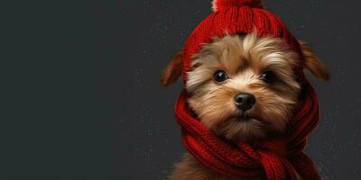 Cute Dog Dressed in a Red Scarf and Hat with Space for , copy space , ,Generative AI. photo