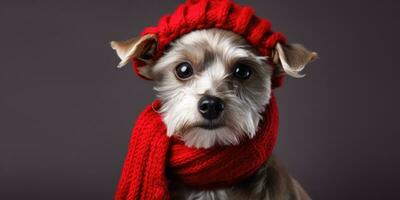 Cute Dog Dressed in a Red Scarf and Hat with Space for , copy space , ,Generative AI. photo