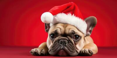 Cute dog with a Santa's Hat on a Red Background with Space for Copyspace ,Generative AI. photo