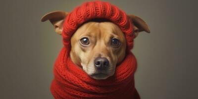 Cute Dog Dressed in a Red Scarf and Hat with Space for , copy space , ,Generative AI. photo