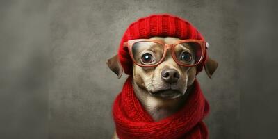 Cute Dog Dressed in a Red Scarf and Hat with Space for , copy space , ,Generative AI. photo