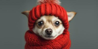 linda perro vestido en un rojo bufanda y sombrero con espacio para , Copiar espacio , ,generativo ai. foto