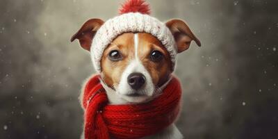 Cute Dog Dressed in a Red Scarf and Hat with Space for , copy space , ,Generative AI. photo