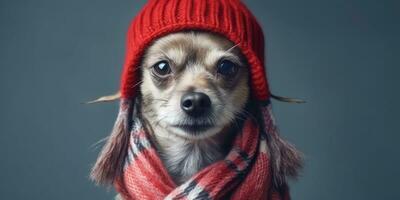 Cute Dog Dressed in a Red Scarf and Hat with Space for , copy space , ,Generative AI. photo
