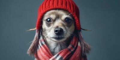 Cute Dog Dressed in a Red Scarf and Hat with Space for , copy space , ,Generative AI. photo