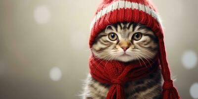 Cute Cat with a Santa's Hat in the snow Background with Space for Copyspace,Generative AI. photo
