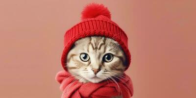 Cute cat with a Santa's Hat on a Red Background with Space for Copyspace ,Generative AI. photo