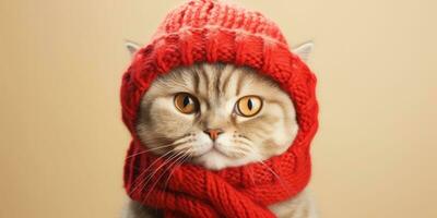 Cute Cat Dressed in a Red Scarf and Hat with Space for , copy space ,Generative AI. photo