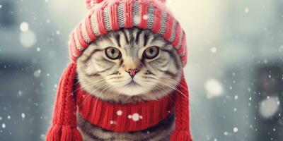 Cute Cat with a Santa's Hat in the snow Background with Space for Copyspace,Generative AI. photo