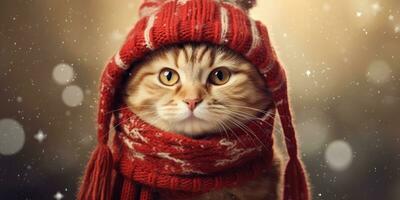 Cute Cat Dressed in a Red Scarf and Hat with Space for , copy space ,Generative AI. photo