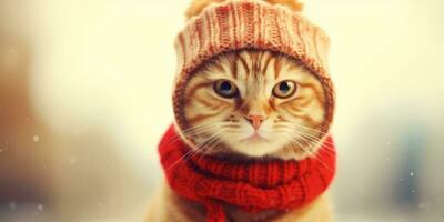 Cute Cat Dressed in a Red Scarf and Hat with Space for , copy space ,Generative AI. photo