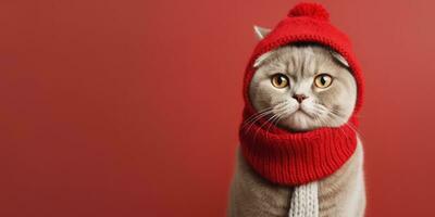 Cute cat with a Santa's Hat on a Red Background with Space for Copyspace ,Generative AI. photo