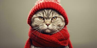 Cute Cat Dressed in a Red Scarf and Hat with Space for , copy space ,Generative AI. photo