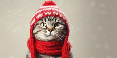 linda gato vestido en un rojo bufanda y sombrero con espacio para , Copiar espacio ,generativo ai. foto