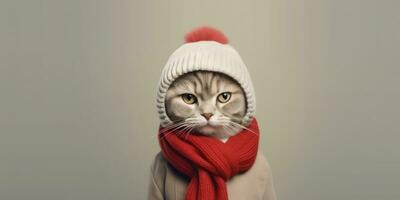 Cute Cat Dressed in a Red Scarf and Hat with Space for , copy space ,Generative AI. photo