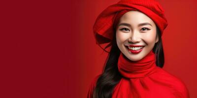 contento joven asiático mujer en rojo antecedentes con espacio para copyspace ,generativo ai. foto