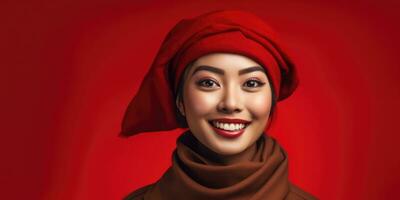 Happy Young Asian Woman in Red Background with Space for Copyspace ,Generative AI. photo