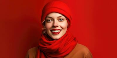 Happy Young Woman in Red Background with Space for Copyspace ,Generative AI. photo
