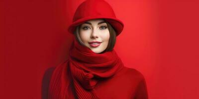 Happy Young Woman in Red Background with Space for Copyspace ,Generative AI. photo