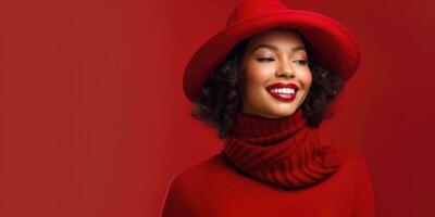 Happy Young Woman in Red Background with Space for Copyspace ,Generative AI. photo
