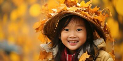 Happy Asia Young Girl Playing in the Fall Leaves with Space for Copyspace for text ,Generative AI. photo