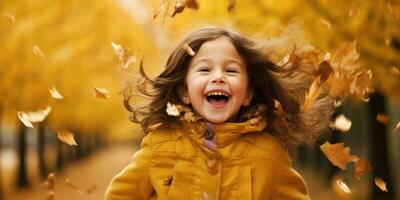 Happy kid Playing in the Fall Leaves with Space for Copyspace for text ,Generative AI. photo