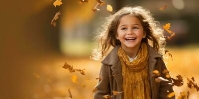 Happy kid Playing in the Fall Leaves with Space for Copyspace for text ,Generative AI. photo
