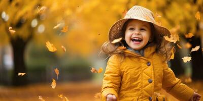 Happy kid Playing in the Fall Leaves with Space for Copyspace for text ,Generative AI. photo