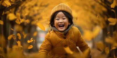 Happy Asia Young Girl Playing in the Fall Leaves with Space for Copyspace for text ,Generative AI. photo