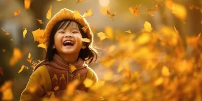 Happy Asia Young Girl Playing in the Fall Leaves with Space for Copyspace for text ,Generative AI. photo