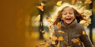 Happy kid Playing in the Fall Leaves with Space for Copyspace for text ,Generative AI. photo