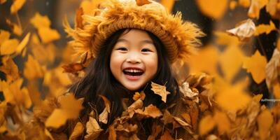 Happy Asia Young Girl Playing in the Fall Leaves with Space for Copyspace for text ,Generative AI. photo