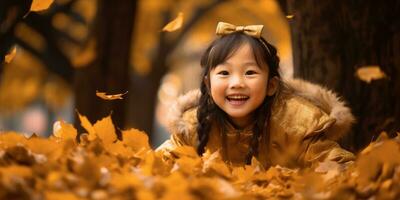 Happy Asia Young Girl Playing in the Fall Leaves with Space for Copyspace for text ,Generative AI. photo