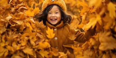 contento Asia joven niña jugando en el otoño hojas con espacio para copyspace para texto ,generativo ai. foto