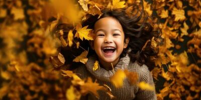 Happy Asia Young Girl Playing in the Fall Leaves with Space for Copyspace for text ,Generative AI. photo