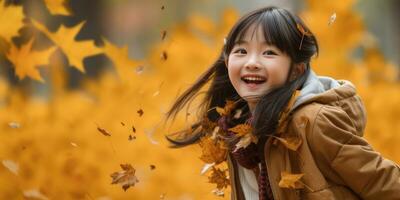 Happy Asia Young Girl Playing in the Fall Leaves with Space for Copyspace for text ,Generative AI. photo