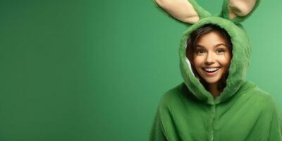 Beautiful Young Woman in a Bunny Costume on a Green Background with Space for Copyspace ,Generative AI. photo