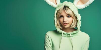 Beautiful Young Woman in a Bunny Costume on a Green Background with Space for Copyspace ,Generative AI. photo