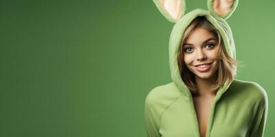 Beautiful Young Woman in a Bunny Costume on a Green Background with Space for Copyspace ,Generative AI. photo