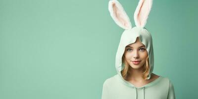 Beautiful Young Woman in a Bunny Costume on a Green Background with Space for Copyspace ,Generative AI. photo