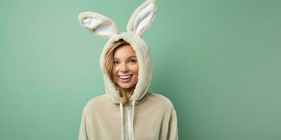 Beautiful Young Woman in a Bunny Costume on a Green Background with Space for Copyspace ,Generative AI. photo