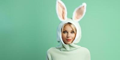 Beautiful Young Woman in a Bunny Costume on a Green Background with Space for Copyspace ,Generative AI. photo