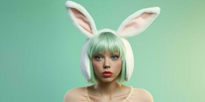 Beautiful Young Woman in a Bunny Costume on a Green Background with Space for Copyspace ,Generative AI. photo