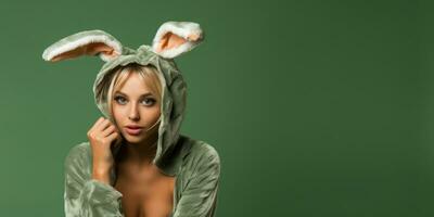 Beautiful Young Woman in a Bunny Costume on a Green Background with Space for Copyspace ,Generative AI. photo