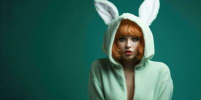 Beautiful Young Woman in a Bunny Costume on a Green Background with Space for Copyspace ,Generative AI. photo