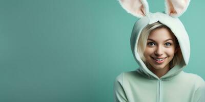 Beautiful Young Woman in a Bunny Costume on a Green Background with Space for Copyspace ,Generative AI. photo